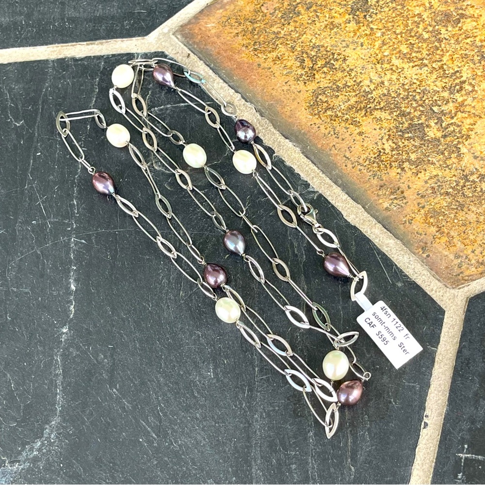 Elegant Sterling Silver and Freshwater Pearl Necklace 40” long